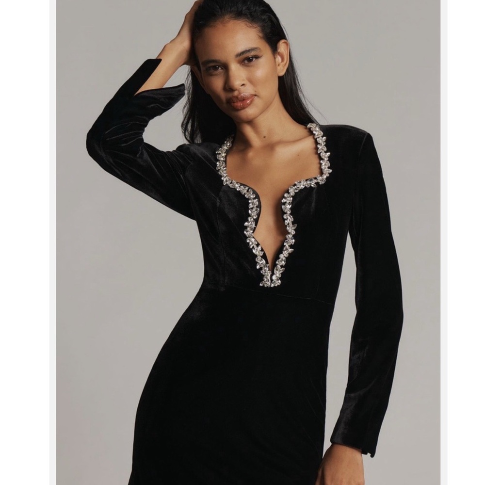 Bardot Black Velvet Long-Sleeve Mini Dress with Jewel Trim